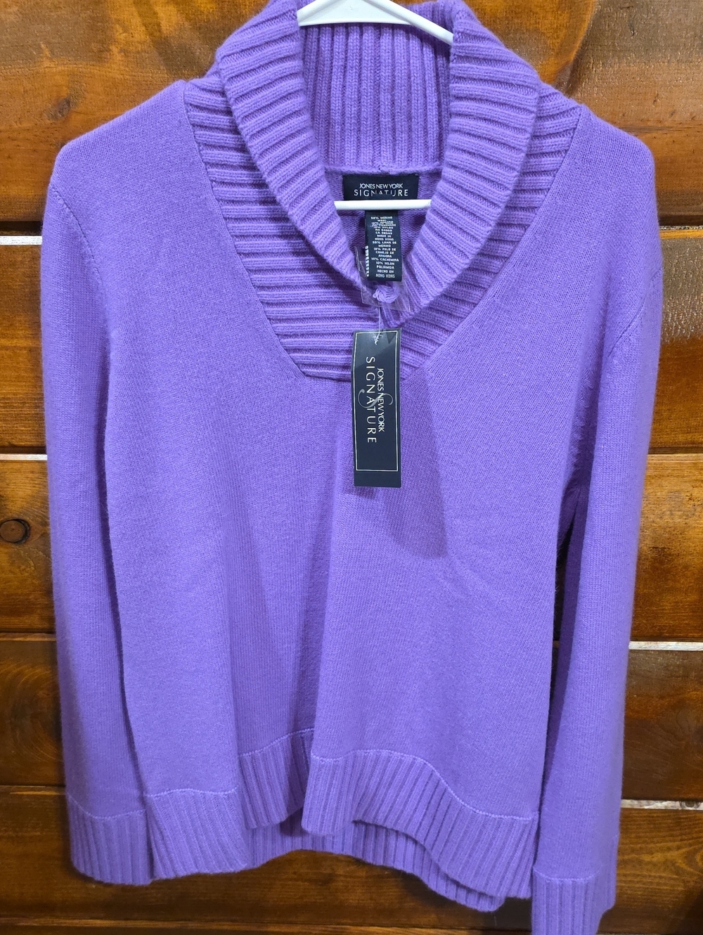 Jones New York Signature Lavender Merino Wool & Cashmere Shawl-Collar Sweater